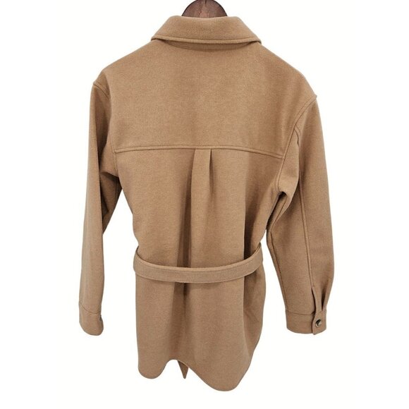 Joie Mid Length Jacket Shacket Sz M Tan Camel Lined Button Down Belted Pockets - Picture 2 of 9